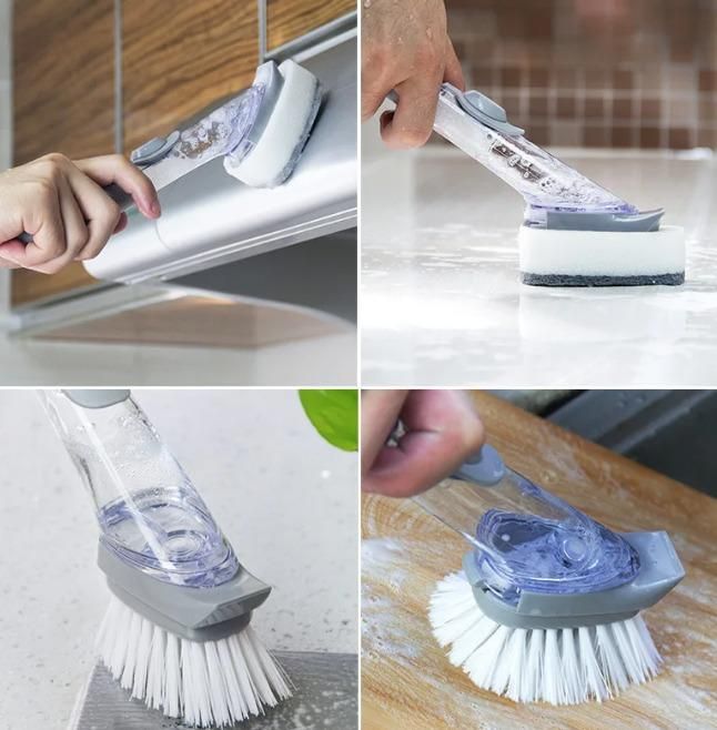 Liquid Cleaning Brush Kitchen Bowl Scrubber Cleaning Sponge Long Handle Dispenser Cleaner Tool